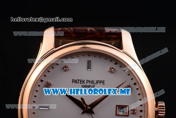 Patek Philippe Calatrava Miyota Quartz Rose Gold Case with White Dial and Brown Leather Strap Diamonds Markers - Click Image to Close